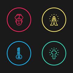 Set line Sitar, Christian cross, Hands in praying position and Indian man icon. Vector.