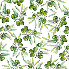 Watercolor pattern with green olives, hand-painted on a white background
