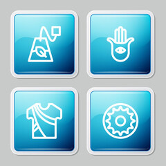 Set line Tea bag, Hamsa hand, Indian man dress and Chakra icon. Vector.