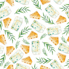 Watercolor pattern with food and cheese on a white background