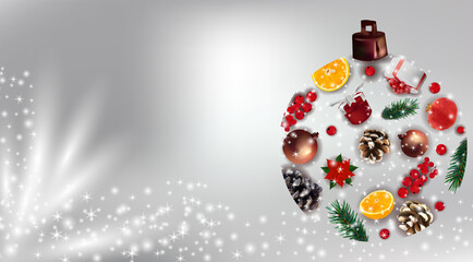 New Year and Christmas design, greeting card with toy. Christmas toys with white box and red ribbon, pine cone, shiny sparkles, pine branches, orange inside. Vector illustration.