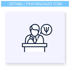 Psychology lecture line icon.Psychotherapy education, studying. Psychologist. Conferention, speech. translation. Mental health care and treatment concept. Isolated vector illustration.Editable stroke 