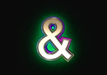 Grey metalline with colorful dichroic film outline and green backlight alphabet - ampersand isolated on grey background, 3D illustration of symbols