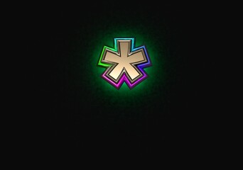 Obraz premium Grey brassy with colorful dichroic glass outline and green backlight font - asterisk isolated on dark, 3D illustration of symbols