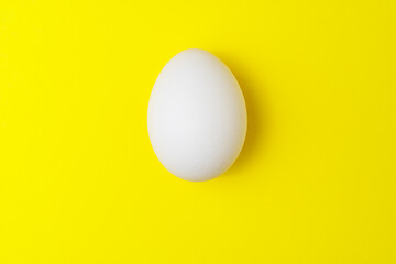 One white chicken egg on yellow background with empty space.