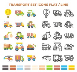 Transport set icons flat and line