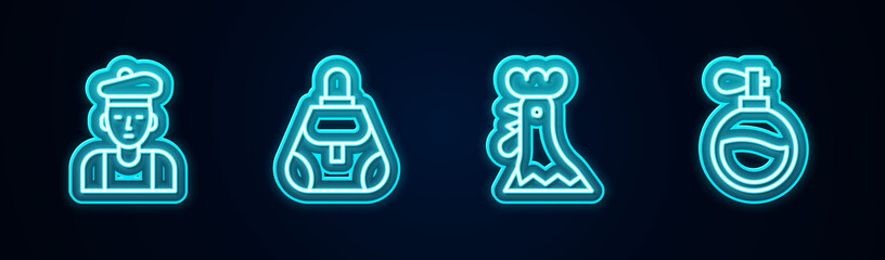 Set line French man, Handbag, rooster and Perfume. Glowing neon icon. Vector.