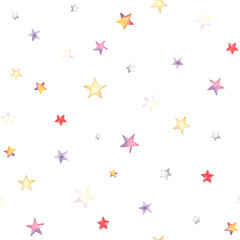 Watercolor abstract seamless pattern with colorful stars scattered on white background. Decoration texture for holiday wrapping paper, birthday, Christmas, wallpapers or textile.
