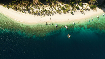 aerial view island with tropical sandy beach and palm trees. Malajon Island, Philippines, Palawan. tourist boats on coast tropical island. Summer and travel vacation concept. beach and blue clear sea