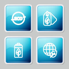 Set line Label for eco healthy food, Tag with leaf, Eco nature and battery and Earth globe icon. Vector.