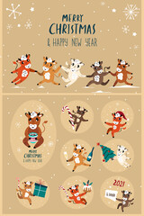 Set of Cute Cartoon Ox, Cows Greeting Cards.New year Cattle with Christmas Festive Attributes.Chinese New Year 2021 Symbol.Holiday Animals Set.Design of Calendars,Cards,Advertising.Vector illustration