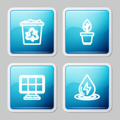 Set line Recycle bin with recycle, Plant pot, Solar energy panel and Water icon. Vector.