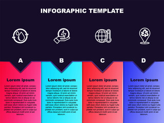 Fototapeta premium Set line Recycle clean aqua, Lightning bolt, Global warming and . Business infographic template. Vector.