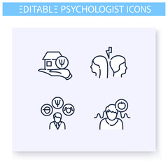 Psychological problems line icons set. Conflict, eating disorder, chilhood problem and more. Psychotherapy. Mental health care and treatment concept.Isolated vector illustrations. Editable stroke
