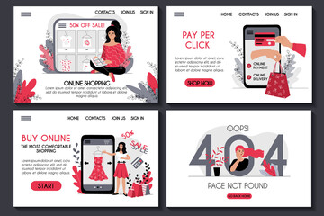 Webpage template set for online shopping site. E shop choosing clothes payment delivery. Mobile application. Stock flat character illustration concept for landing page. Website design easy to edit.