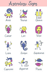 Colorful set of zodiac signs Astrology horoscope. Vector flat design cartoon icons with handwritten text naming the mascots