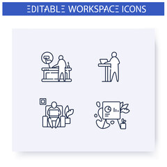 Futuristic office innovations line icons set. Smart table, biohilic design, standing work and more. Healthcare technologies. Workplace in future concept. Isolated vector illustrations.Editable stroke 