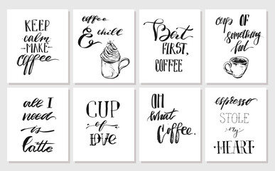 Hand drawn vector graphic ink posters or cards collection set with coffee handwritten modern calligraphy quotes isolated on white background.Design decoration for sho,stamp,logo,branding.