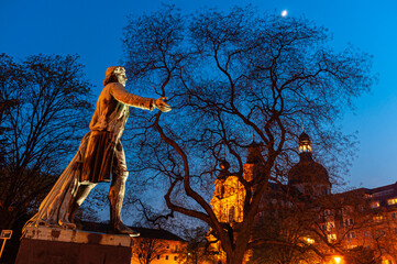 Mannheim, Germany. April 19th, 2010. Evening shot of the statue dedicated to Friedrich Schiller at...