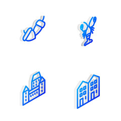 Set Isometric line Lobster, Acorn, Chateau Frontenac hotel and House icon. Vector.