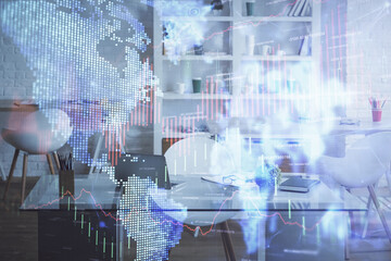 Double exposure of financial graph drawing and office interior background. Concept of stock market.