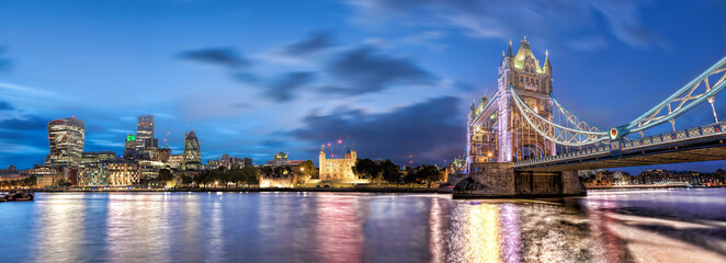 Panorama of London with Tower Bridge, Tower Hill and modern downtown in England, UK