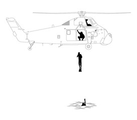 Ein Rettungshubschrauber schwebt über einen Schiffbrüchigen © Guido