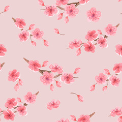 Watercolor seamless pattern with cherry blossoms on a pink background, hand drawn, sakura, spring decor. For textiles, packaging, wedding design, invitations, greetings.