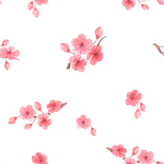 Obraz na płótnie Canvas Watercolor seamless pattern with cherry blossoms on a white background, hand drawn, sakura, spring decor. For textiles, packaging, wedding design, invitations, greetings.