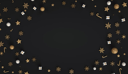 Modern Christmas Background. Golden And White Snowflakes, Gift Boxes, Canes, Stars And Decorative Balls. New Year Concept On Black Background - 3D Illustration 
