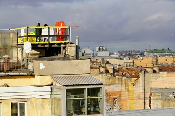 Panorama view, Concept for real estate panoramic modern cityscape building bird eye aerial view under sunrise and morning blue bright sky in St.Petersburg, Russia Urban landscape contrast the plants