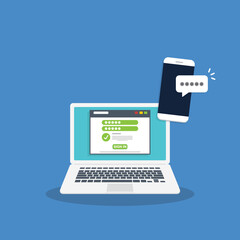 Successful web browser Login page on Laptop Screen with password form and smartphone password confirmation . Security, personal access, user authorization.