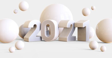 Happy new year 2021 with 3d objects rendering isolated on white background