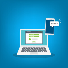 Successful web browser Login page on Laptop Screen with password form and smartphone password confirmation . Security, personal access, user authorization.