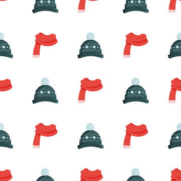Seamless pattern with a green knitted hat and a red scarf. Festive background for websites and applications. Suitable for postcards, wrapping paper, books and posters. Vector.