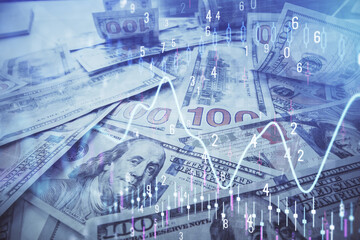 Multi exposure of forex chart drawing over us dollars bill background. Concept of financial success markets.