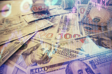 Multi exposure of forex chart drawing over us dollars bill background. Concept of financial success markets.