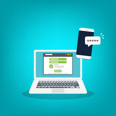 Successful web browser Login page on Laptop Screen with password form and smartphone password confirmation . Security, personal access, user authorization.