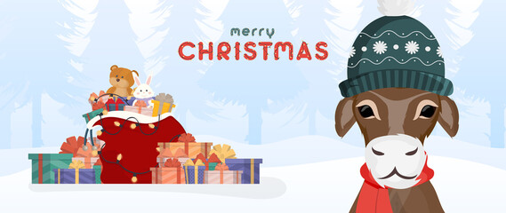 Merry christmas banner. A bull in a warm winter hat against the background of a winter forest. A mountain of gifts. Vector illustration.