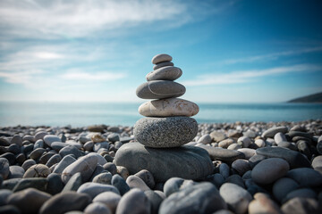 A column of gray stones on the seashore against the background of a blue clear sky