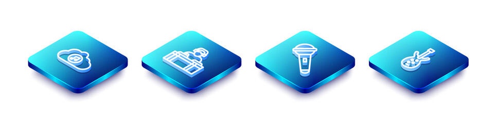 Set Isometric line Music streaming service, DJ playing music, Microphone and Electric bass guitar icon. Vector.