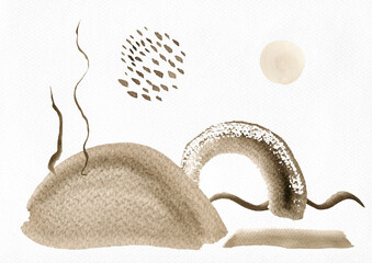 Watercolor abstract hand drawn illustration with sepia and sandy textured shapes, lines and strokes. Sepia and umbra picture, landscape orientation.