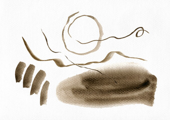 Watercolor abstract hand drawn illustration with sepia and umbra textured shapes, lines and circle. Sepia and umbra picture, landscape orientation