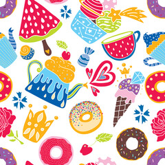 Happy tea party. Vector seamless pattern.