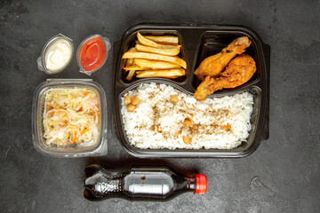 Above view of favourite meal set for dinner or lunch with cola