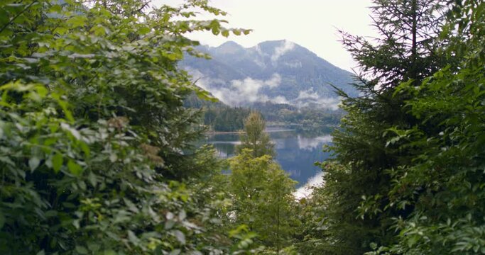 View of the lake under mountains.