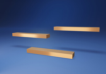 Gold Geometric shapes floating in the air Product Stand on blue background design for advertising 3D rendering
