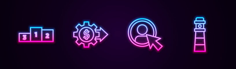 Set line Business podium, Gear with dollar, Create account screen and Lighthouse. Glowing neon icon. Vector.