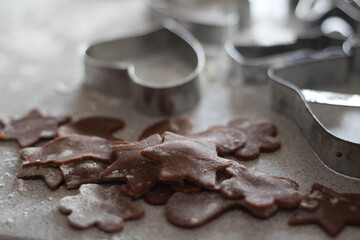 Preparing Christmas cookies at home. Gingerbread in bakery.  Christmas Smelling. Baking. Christmas time in Kitchen. Bakery. Together in Kitchen. 