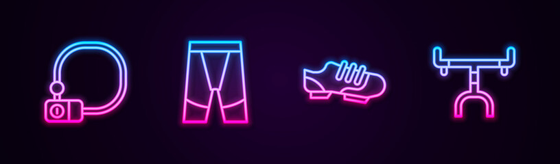 Set line Bicycle lock, Cycling shorts, shoes and handlebar. Glowing neon icon. Vector.